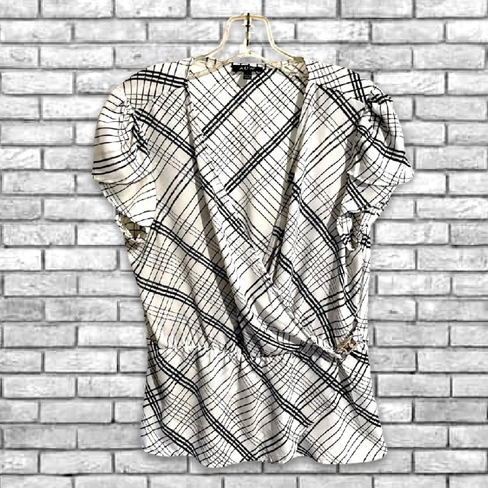 AUW Woman’s Black & White Kris Kross Striped Side Tie Gold Hardware Blouse Large - Picture 7 of 11